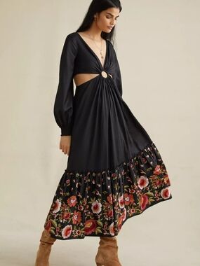 Anthropologie Black Floral Cutout Maxi Dress with Long Sleeves and Ring Detail